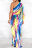 Blue Sexy Print Hollowed Out Backless Oblique Collar Long Dress Dresses