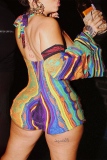 Multicolor Sexy Print Patchwork Frenulum Backless Halter Regular Rompers