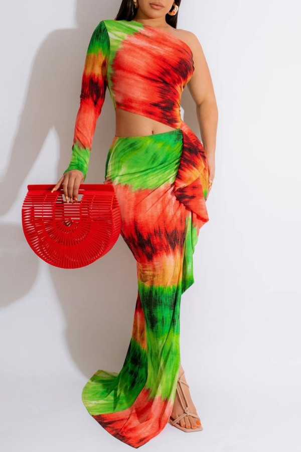 Green Sexy Print Hollowed Out Backless Oblique Collar Long Dress Dresses