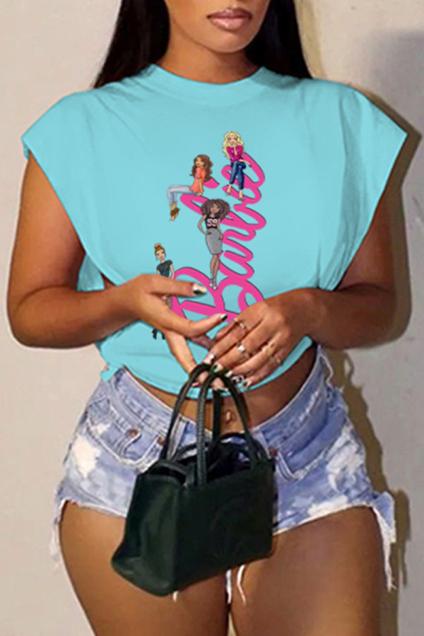 Light Blue Casual Print Basic Hot Drill O Neck T-Shirts