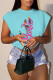 Light Blue Casual Print Basic Hot Drill O Neck T-Shirts
