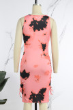 Watermelon Red Casual Print Tie Dye Frenulum O Neck Sleeveless Dress Dresses