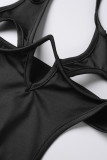 Black Sexy Solid Bandage Hollowed Out See-through Backless Halter Sleeveless Two Pieces