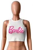 White Casual Letter Print Basic O Neck Tops