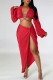 Red Sexy Solid Frenulum Slit V Neck Long Sleeve Two Pieces
