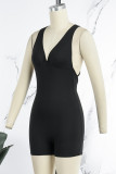 Green Sportswear Letter Patchwork Backless Fold V Neck Skinny Rompers
