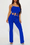 Blue Sexy Casual Solid Patchwork Backless Spaghetti Strap Sleeveless Two Pieces