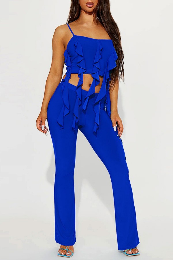 Blue Sexy Casual Solid Patchwork Backless Spaghetti Strap Sleeveless Two Pieces