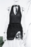Black Sexy Patchwork Bandage Backless Halter Sleeveless Dress Dresses
