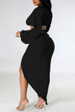 Red Sexy Solid Frenulum Slit V Neck Long Sleeve Two Pieces