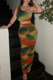Green Orange Sexy Casual Print Backless Oblique Collar Sleeveless Two Pieces