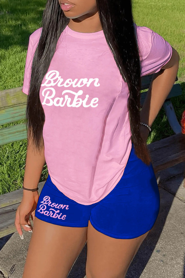 Powder Blue Casual Letter Print Basic O Neck Short Sleeve Two Pieces