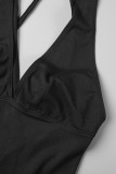 Green Sportswear Letter Patchwork Backless Fold V Neck Skinny Rompers