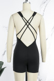 Green Sportswear Letter Patchwork Backless Fold V Neck Skinny Rompers