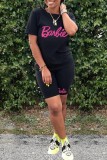 Black Casual Letter Print Basic O Neck Short Sleeve Two Pieces