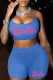 Light Blue Casual Letter Print Backless Spaghetti Strap Sleeveless Two Pieces