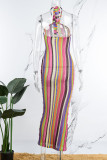 Rose Red Sexy Striped Bandage Backless Halter Long Dress Dresses