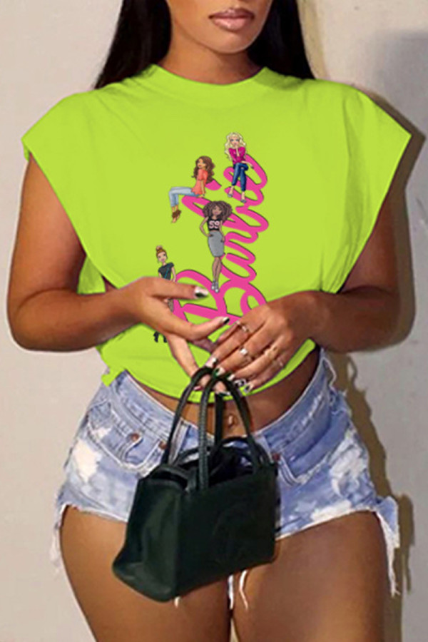Light Green Casual Print Basic Hot Drill O Neck T-Shirts