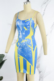 Blue Sexy Print Backless Spaghetti Strap Sleeveless Dress Dresses