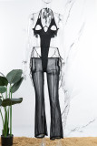 Black Sexy Solid Bandage Hollowed Out See-through Backless Halter Sleeveless Two Pieces