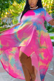 Pink Fashion Casual Print Tie Dye Asymmetrical O Neck Short Sleeve Two Pieces