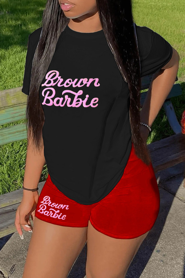 Black Red Casual Letter Print Basic O Neck Short Sleeve Two Pieces
