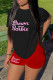 Black Red Casual Letter Print Basic O Neck Short Sleeve Two Pieces