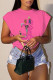 Rose Red Casual Print Basic Hot Drill O Neck T-Shirts