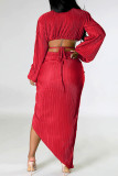 Red Sexy Solid Frenulum Slit V Neck Long Sleeve Two Pieces