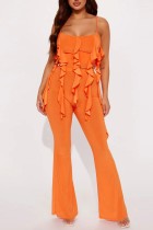 Orange Sexy Casual Solid Patchwork Backless Spaghetti Strap Sleeveless Two Pieces