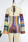 Multicolor Sexy Print Patchwork Frenulum Backless Halter Regular Rompers