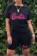 Black Casual Letter Print Basic O Neck Short Sleeve Two Pieces
