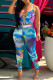 Blue Sexy Casual Print Frenulum Backless Spaghetti Strap Sleeveless Two Pieces