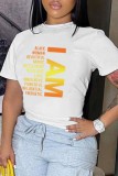 White Casual Letter Print Basic O Neck T-Shirts