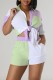 Green Casual Patchwork Contrast Shirt Collar Short Sleeve Two Pieces