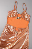Orange Sexy Solid Hollowed Out Backless Spaghetti Strap Long Dress Dresses