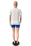 White Blue Casual Letter Print Basic O Neck Short Sleeve Two Pieces