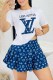 Blue Casual Print Letter O Neck Short Sleeve Two Pieces