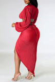 Red Sexy Solid Frenulum Slit V Neck Long Sleeve Two Pieces