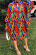 Tangerine Red Casual Print Hollowed Out O Neck Long Sleeve Dresses