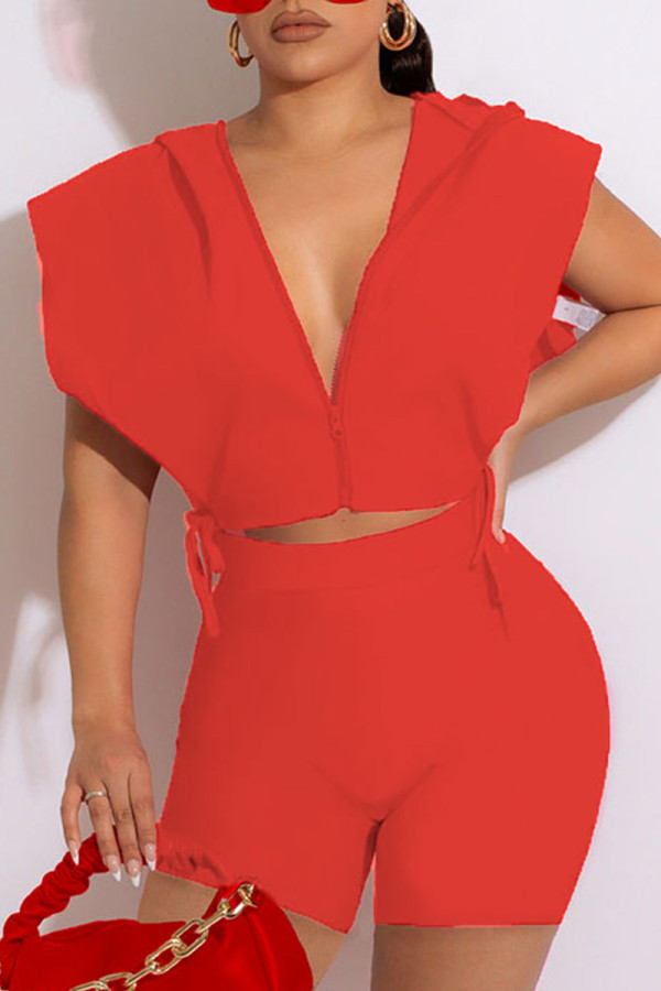 Red Casual Solid Bandage Patchwork Zipper Zipper Collar Sleeveless Two Pieces