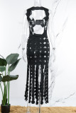 Black Sexy Solid Tassel Hollowed Out See-through U Neck Vest Dress Dresses