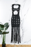 Black Sexy Solid Tassel Hollowed Out See-through U Neck Vest Dress Dresses