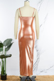 Orange Sexy Solid Hollowed Out Backless Spaghetti Strap Long Dress Dresses