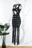 Black Sexy Solid Tassel Hollowed Out See-through U Neck Vest Dress Dresses