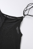 Black Sexy Solid Bandage Hollowed Out See-through Backless Halter Sleeveless Two Pieces