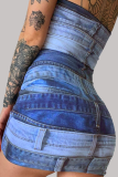 Blue Street Print Patchwork Strapless Wrapped Skirt Dresses