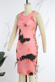Watermelon Red Casual Print Tie Dye Frenulum O Neck Sleeveless Dress Dresses