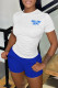 White Blue Casual Letter Print Basic O Neck Short Sleeve Two Pieces