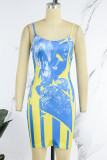Blue Sexy Print Backless Spaghetti Strap Sleeveless Dress Dresses